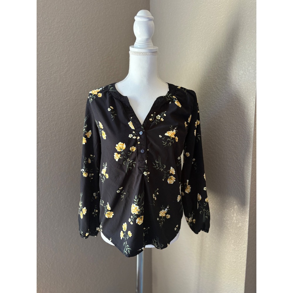 Old Navy Womens Small Black Yellow Floral Rayon Henley Blouse Long Sleeve Top